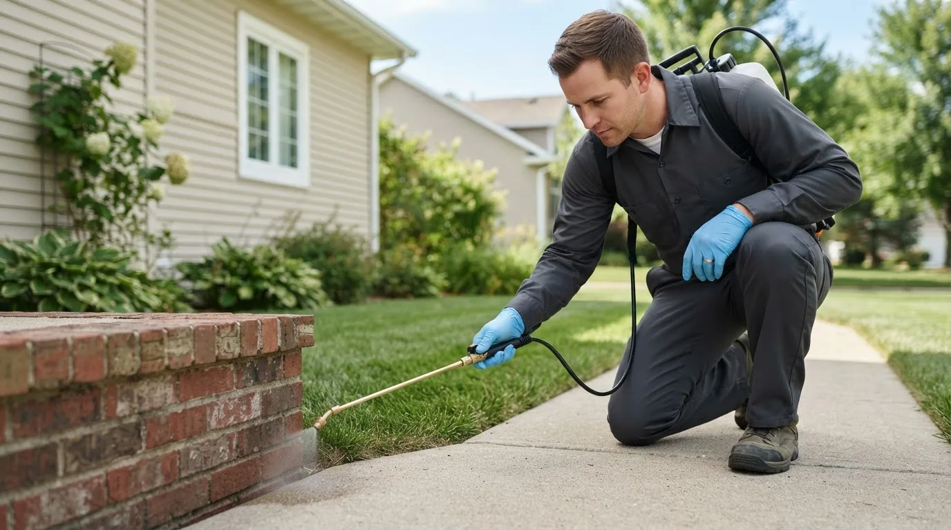 Pest control technician treating a home near Shoreham, VT